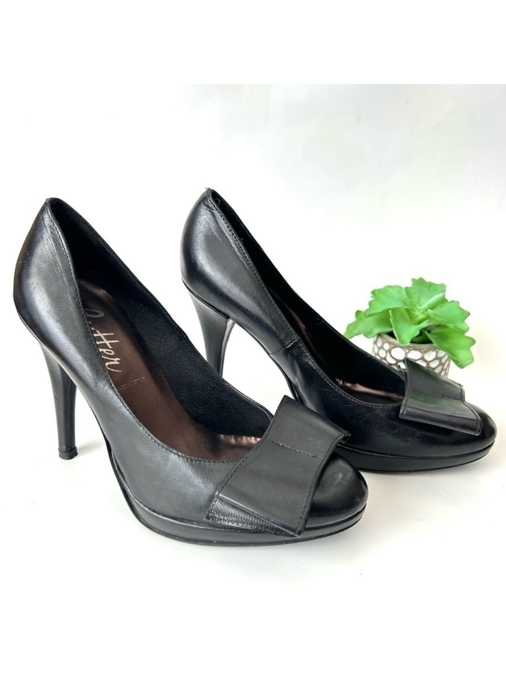 Butter Black Leather Bow Pumps Platform High Heels Made in Italy Size 7.5